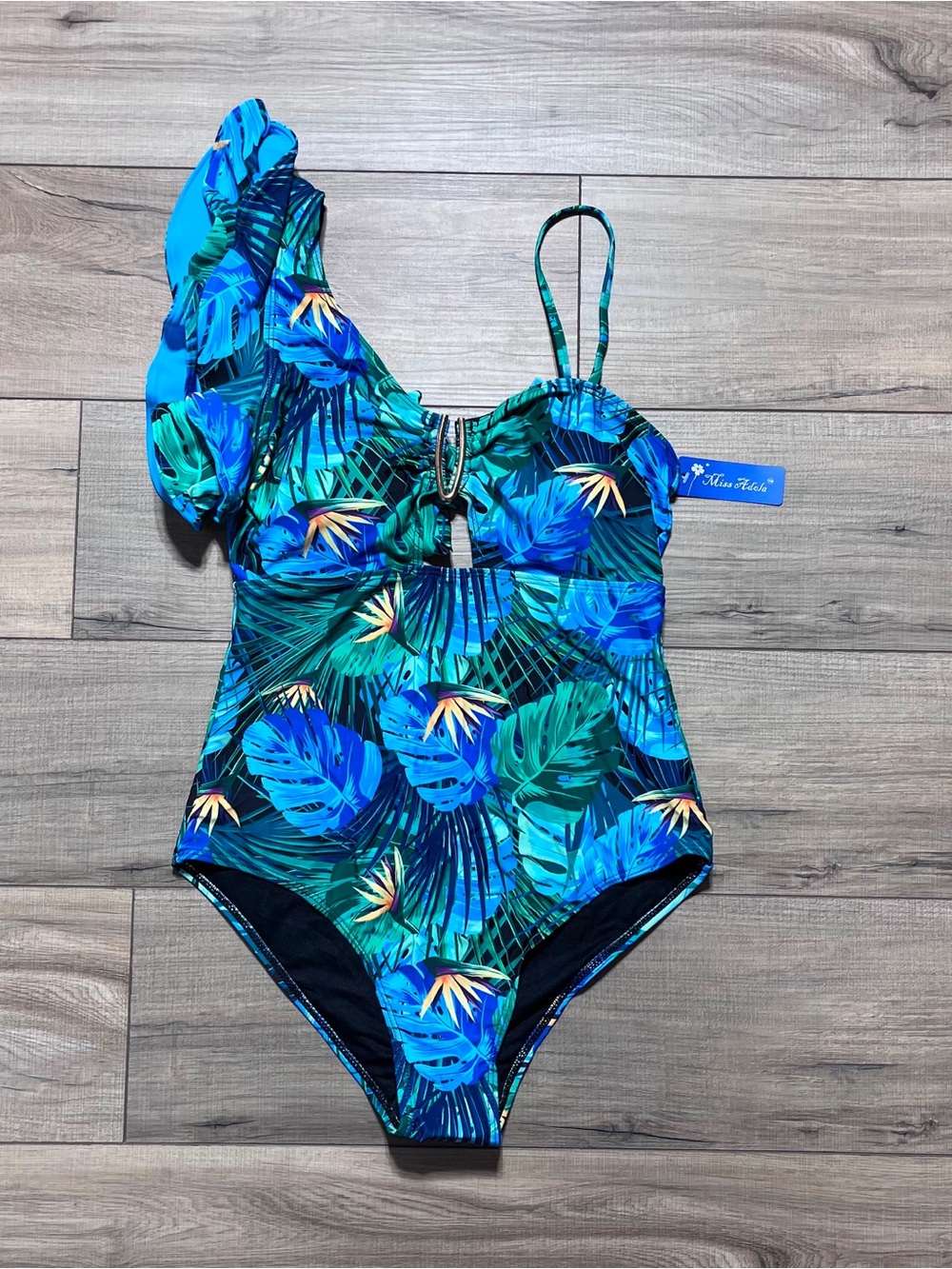 Miss Adola Womens One Shoulder Ruffle One Piece Swimsuit Size 2 Blue Green Black